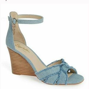 Anthro Seychelles Sunrays light blue denim wedges square size 8